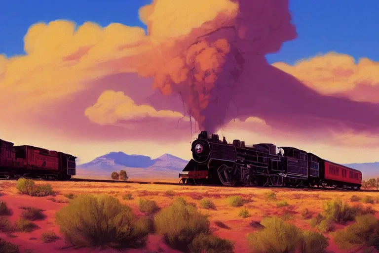 Image similar to idyllic old western freight train illustration by syd mead, artstation, 4 k, graphic novel, concept art, matte painting, steam engine spewing billowy white clouds of steam, beautiful mountain desert sunset background, golden hour