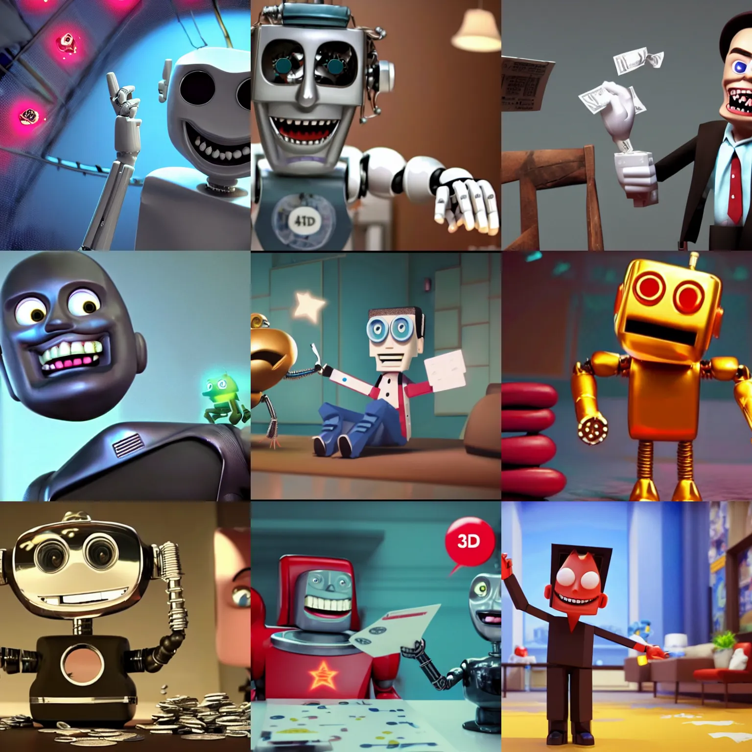 Prompt: < movie type = 3 d - animation reviews ='5 stars'> rich robot laughs maniacally as he calculates his wealth < / movie >
