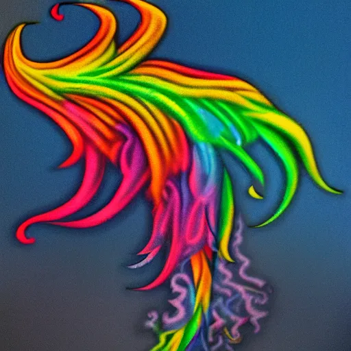 Image similar to multi color smoke with the outstretched ribbed wings and head of a fairytale dragon, billowy, 8 k, 4 k