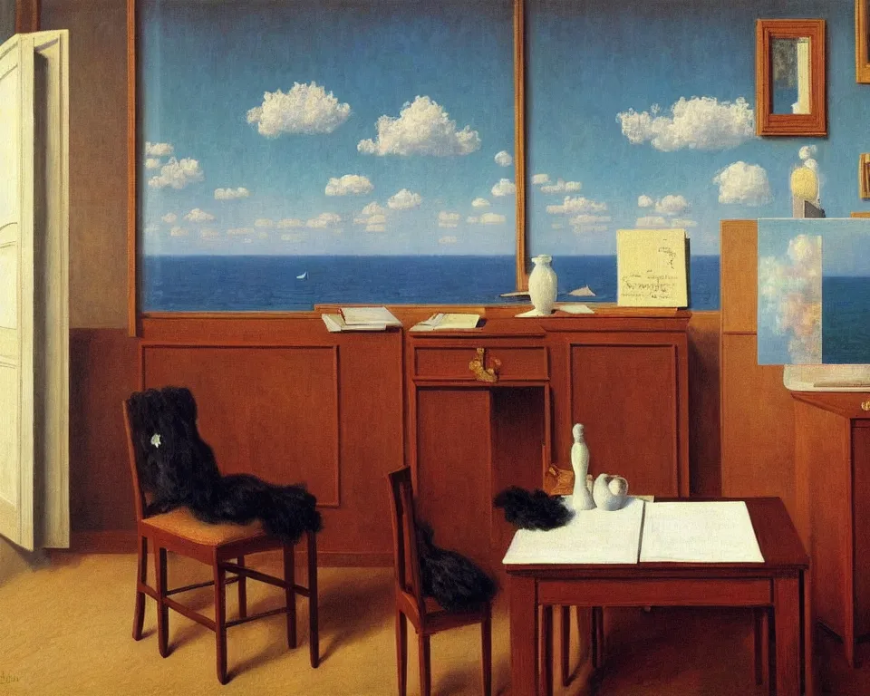 Prompt: achingly beautiful painting of a sophisticated, well - decorated, modern study by rene magritte, monet, and turner. whimsical.