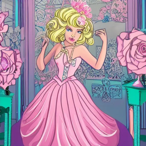 Image similar to Princess with blonde hair and bangs, wearing a fancy pink ball dress and pearl earings, holding a pink and purple flower boquet in a light pink room by Dan Mumford and Sandra Chevrier, 4k, vivid lighting