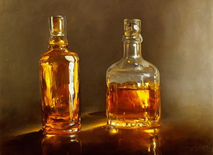 Image similar to oil painting of whiskey bottle, art by anders zorn, wonderful masterpiece by greg rutkowski, beautiful cinematic light, american romanticism by greg manchess, reflections in copper, sunlight, dust and steam