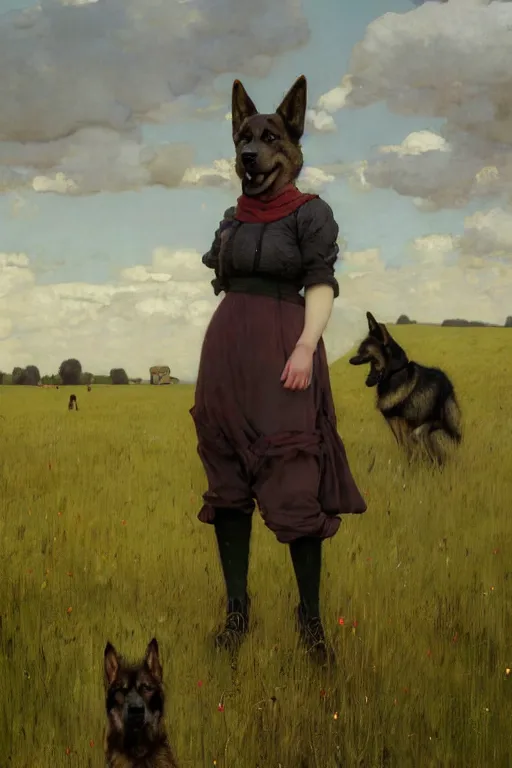 Image similar to farm life portrait of furry anthro anthropomorphic german shepard head animal person fursona wearing clothes on the field in ohio, sunny day, digital art by Nerdrum John, William Waterhouse, Winslow Homer, Alex Heywood, Jordan Grimmer, Darren Quach, Greg Rutkowski, Simon Stalenhag, trending on Artstation, CGSociety