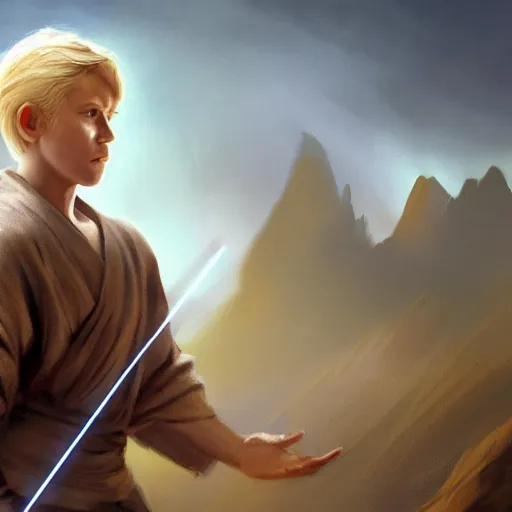 Prompt: full body Over-the-Shoulder Shot of a young blonde male jedi with short hair concept art by Doug Chiang cinematic concept art, realistic painting, high definition, digital art, matte painting, symmetrical, very detailed, realistic, dramatic lighting, cinematic, establishing shot, extremely high detail, photo realistic, cinematic lighting, post processed, concept art, artstation, matte painting, red color scheme, the Mandalorian concept art style