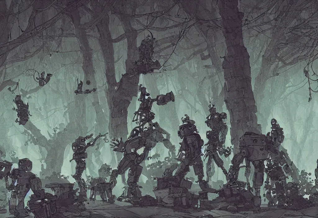 Prompt: handmade illustration of Robots, line art, ink, some small silhouetted medieval men among the trees, watercolor by Kilian Eng and by Jake Parker, winning-award masterpiece, fantastic, octane render, 8K HD Resolution, High quality image