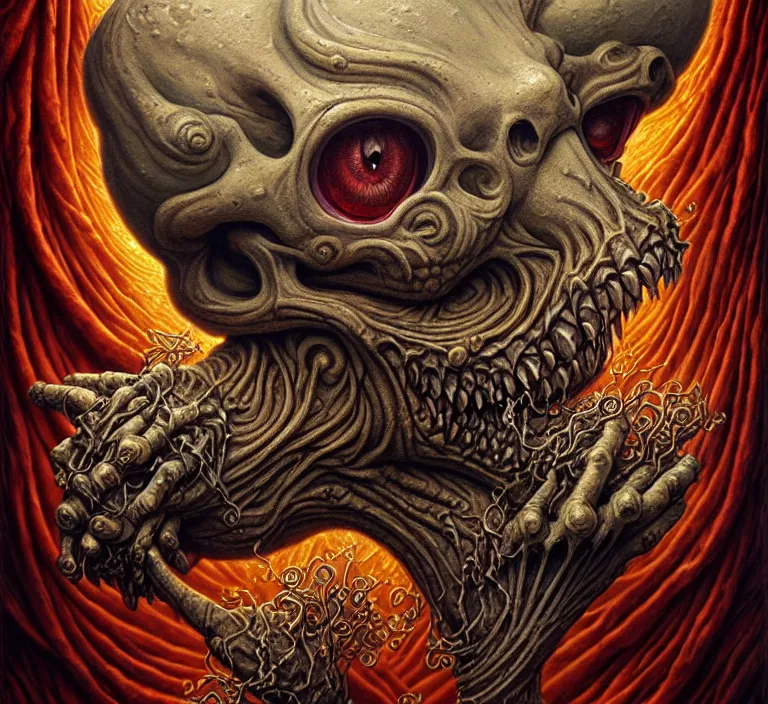 Prompt: A beautiful detailed grotesque monster super cute tarot card, by tomasz alen kopera and Justin Gerard, symmetrical features, ominous, magical realism, texture, intricate, ornate, royally decorated, skull, skeleton, whirling smoke, embers, red adornements, red torn fabric, radiant colors, fantasy, trending on artstation, volumetric lighting, micro details, 3d sculpture, ray tracing, 8k, anaglyph effect, digital art