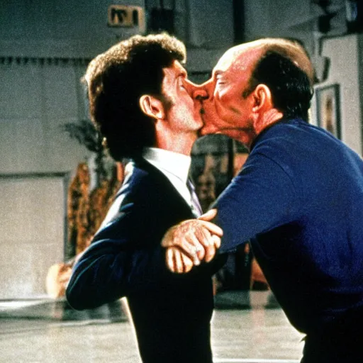 Prompt: jonathan banks kissing bryan cranston, movie still