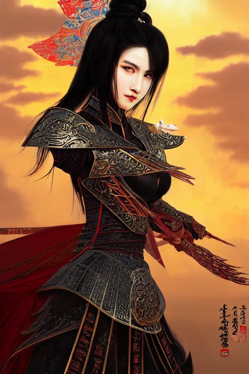 Image similar to portrait black hair young knights of Dynasty Warriors girl, metallic red mirror armor, in ruin chinese temple rooftop sunset, ssci-fi and fantasy, intricate and very beautiful and elegant, highly detailed, digital painting, soft light, artstation, concept art, smooth and sharp focus, illustration, art by tian zi and WLOP and alphonse mucha