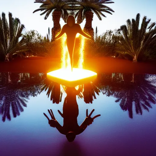 Prompt: 4 k polaroid wide angle photo of a glowing giant steel shiny reflective woman statue dancing, half submerged in water, in a desert oasis lake, at dusk, with neon lighting