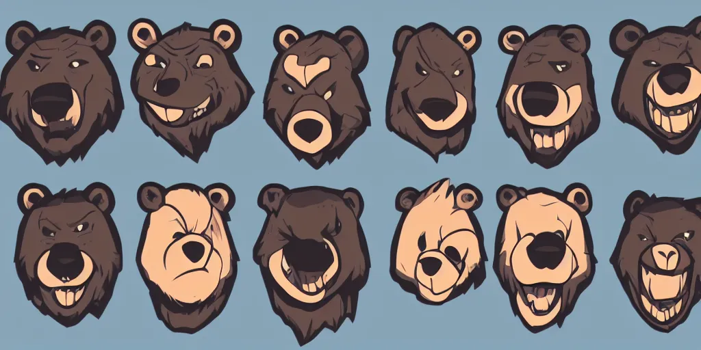 Prompt: game asset of unique bear heads on black background, organic, nickelodeon animation studio color palette, nickelodeon animation studio black inking, toon shading, 5 colors, solid colors, flat 2 d design, 2 d sprites, 8 k, close up