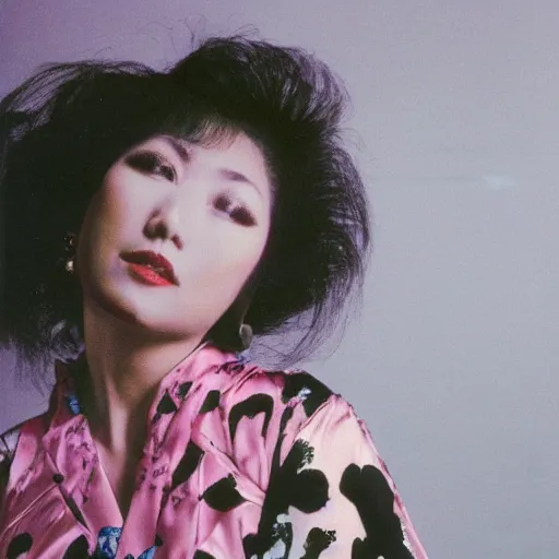 Prompt: album cover of a beautiful 80s Japanese singer, album cover, medium shot