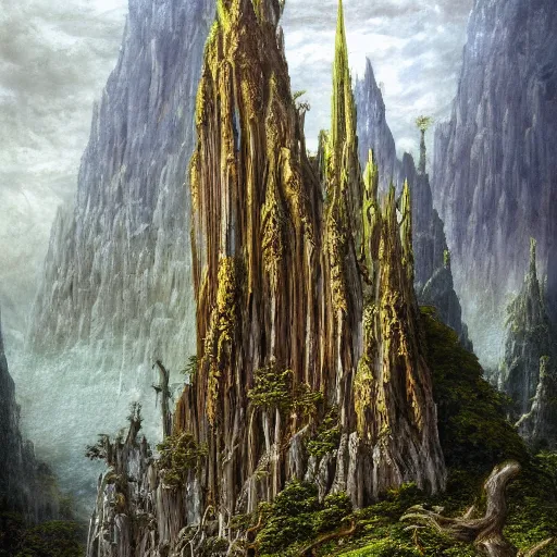 Image similar to a beautifully epic and insanely detailed oil painting of an elven temple deep in the misty mountains, secret valley, tall spires, beautiful trees, runes carved into the stone, intricate details, epic scale, insanely complex, 8 k, sharp focus, hyper realism, fantasy landscape, psychedelic, by caspar friedrich, brian froud, albert bierstadt,