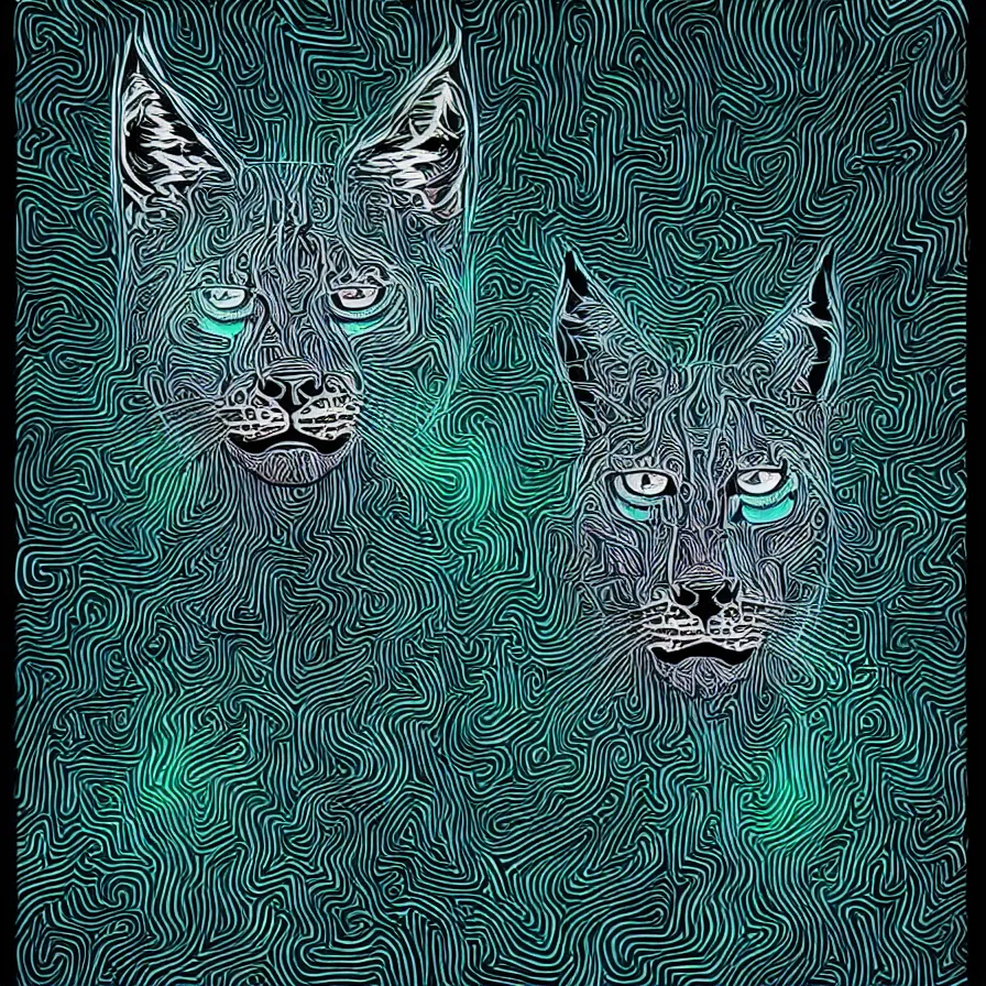 Image similar to a slightly minimalist very detailed fullbody portrait antropomorphic humanoid android with a head of a lynx. lowbrow blacklight color palette. artwork by subjekt zero. black background.