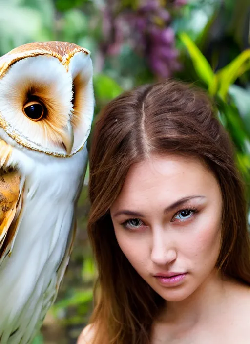 Image similar to portrait photograph of beautiful young female model, symmetric face, symmetric eyes, slight smile, natural light, wearing a yellow kimono with a very detailed barn owl on her shoulder!!! in a tropical greenhouse. looking at the camera!!. super resolution. Extremely detailed. Graflex camera, bokeh.