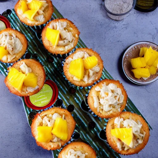 Prompt: pineapple pizza cupcake, food photography