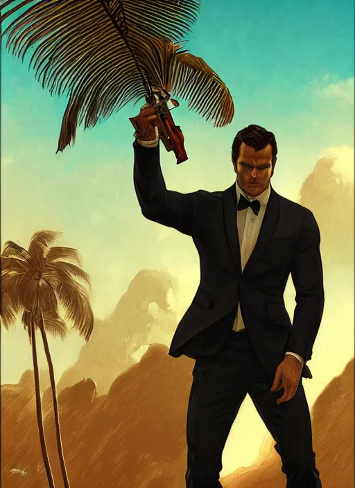 Image similar to portrait of henry cavill as james bond, casino, key art, sprinting, palm trees, highly detailed, digital painting, artstation, concept art, cinematic lighting, sharp focus, illustration, by gaston bussiere alphonse mucha