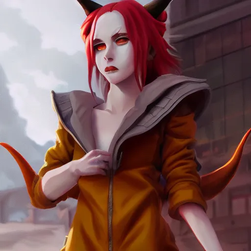 Image similar to a pale redheaded demoness with yellow eyes and horns wearing a jacket, highly detailed, digital painting, artstation, matte, by makoto shinkai, animation style