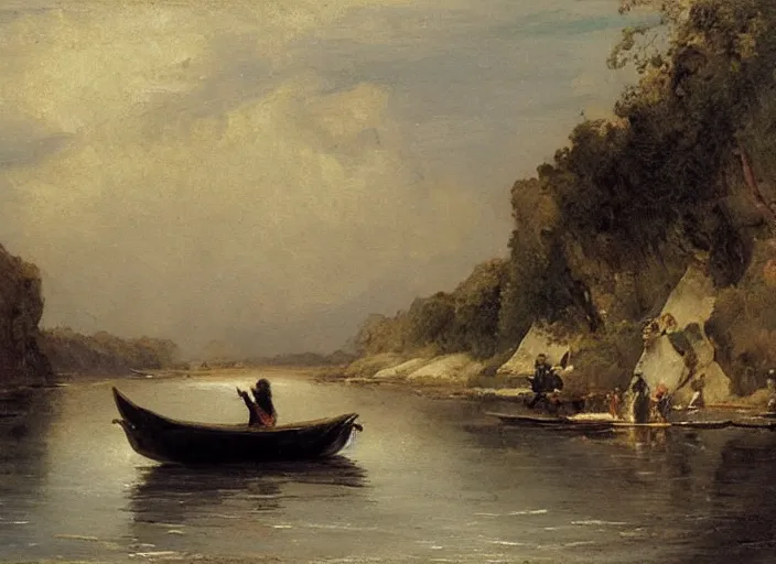 Image similar to a painting of the boat of charon in the river styx by felix resurreccion hidalgo