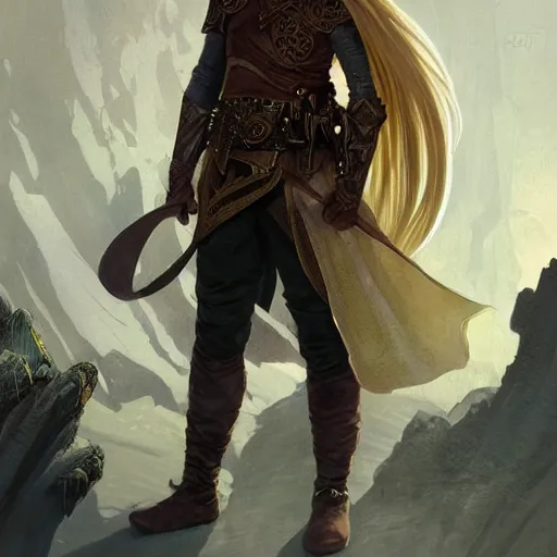 Image similar to an epic fantasy comic book style portrait painting of a young blonde boy who is over confident, wearing plain thief clothes, d & d, fantasy, intricate, elegant, highly detailed, digital painting, artstation, concept art, matte, sharp focus, illustration, art by artgerm and greg rutkowski and alphonse mucha