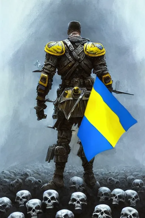 Image similar to a distant shot from behind of a Ukrainian super soldier with blue and yellow flag behind him standing alone on a huge pile of skulls as a winner, masculine muscular figure, D&D, fantasy, intricate, elegant, highly detailed, extremely detailed, digital painting, artstation, concept art, matte, sharp focus, symmetrical, illustration, art by Artgerm and Greg Rutkowski and Alphonse Mucha