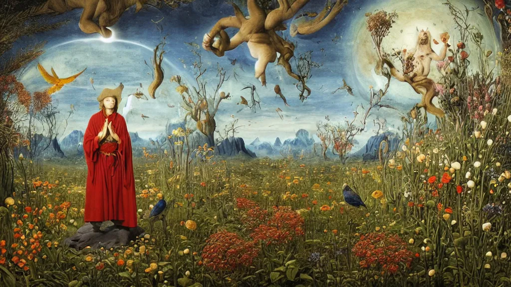 Image similar to a fish eye lense photograph of a meditating druid werewolf surrounded by towering bulbous flowers. wide landscape with mountains, river delta. clear blue sky with stars and birds. painted by jan van eyck, max ernst, ernst haeckel and ernst fuchs. trending on artstation, 8 k, award winning, fashion editorial, mythology, photorealistic, cacti everywhere