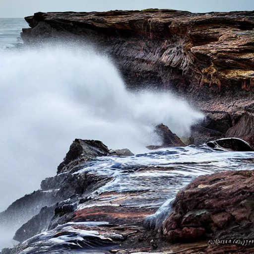 Prompt: * * swirling crashing breakers on a raging coastal rocky shore. early dawn light.