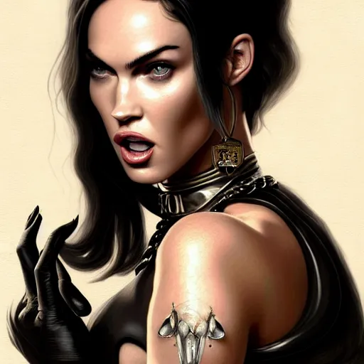 Prompt: portrait of megan fox with ball gag in mouth, muscular upper body, collar, greek, jewelry, black dress, fantasy, intricate, elegant, highly detailed, digital painting, artstation, concept art, matte, sharp focus, illustration, art by aenaluck and roberto ferri and greg rutkowski, epic fantasy, digital painting