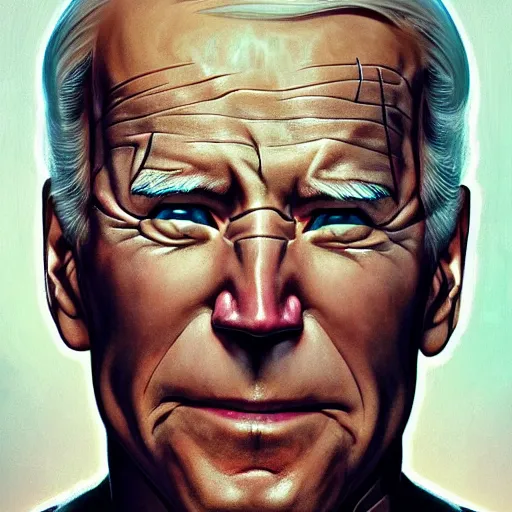 Prompt: cyborg Joe Biden from another dimension, cinematic lighting, intricate, elegant, highly detailed, digital painting, artstation, sharp focus, illustration, art by artgerm and greg rutkowski and alphonse mucha and Wayne Barlowe and william-adolphe bouguereau