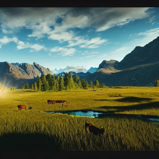 Prompt: beautiful rolling pastureland with a stream running through , with black Angus cattle in the far distance below epic mountains and sky, volumetric light, cinematic, extreme detail, epic, Unreal 5, Artstation trending, hyper-maximalist, CG society, 8K