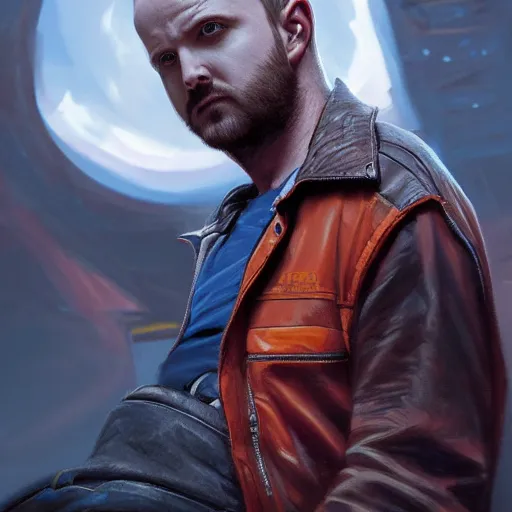 Prompt: a digital portrait painting of an aaron paul bounty hunter, matte painting, hyper realistic, very detailed, dramatic scene, orange and blue colors, realistic lighting, dark fantasy, 4 k, in the style of greg rutkowski,