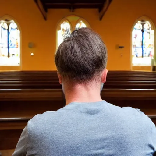 Prompt: a man wearing a wig sitting in a church, photo taken from the back of his head on a phone.