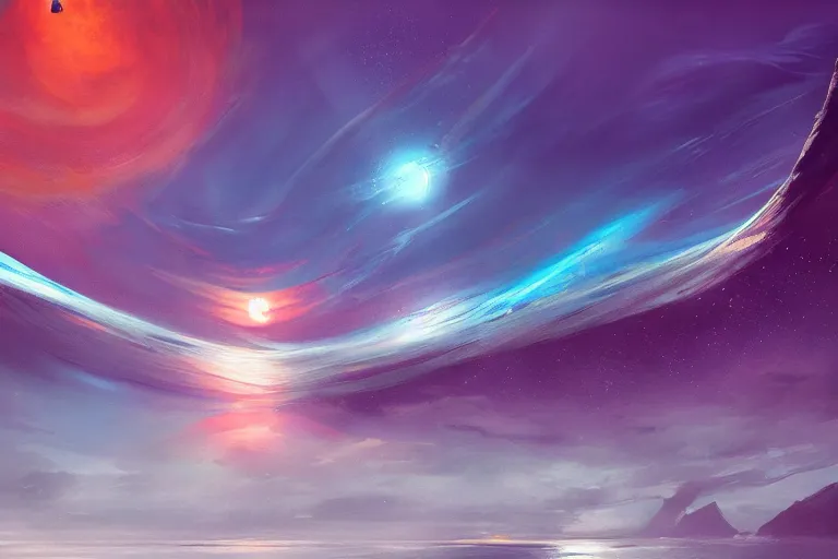 Image similar to glitched fantasy painting, the night sky is an upside down ocean, the moon is an anglerfish lure, half submerged, horizontal glitch streaks of bright color by jessica rossier