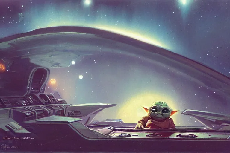 Prompt: a baby yoda in a spaceship by Bruce Pennington, hyperdetailed, dramatic cinematic lighting, trending on artstation