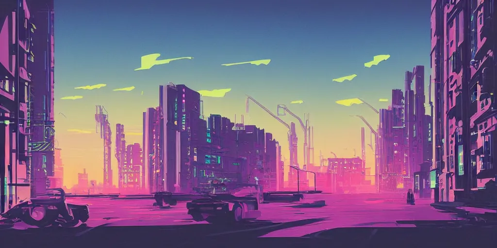 Prompt: brick apartment buildings street scene neon futuristic cyberpunk vaporwave tron glow sunset clouds sky illustration by syd mead