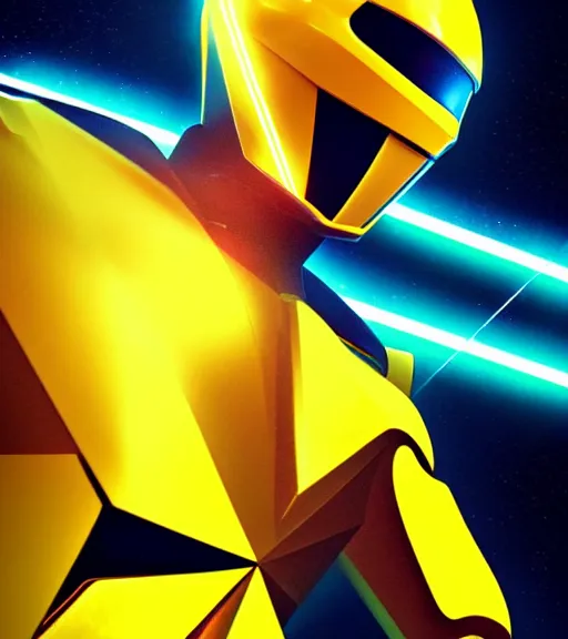 Image similar to symmetry!! yellow ranger, thunderbolt shaped viser!! solid cube of light, hard edges, product render retro - futuristic poster scifi, lasers and neon circuits, yellow ranger, intricate, elegant, highly detailed, digital painting, artstation, concept art, smooth, sharp focus, illustration, dreamlike, art by artgerm