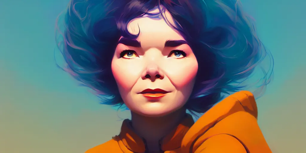 Image similar to low angle portrait of Bjork, tepainting concept Blizzard pixar maya engine on stylized background splash comics global illumination lighting artstation lois van baarle, ilya kuvshinov, rossdraws