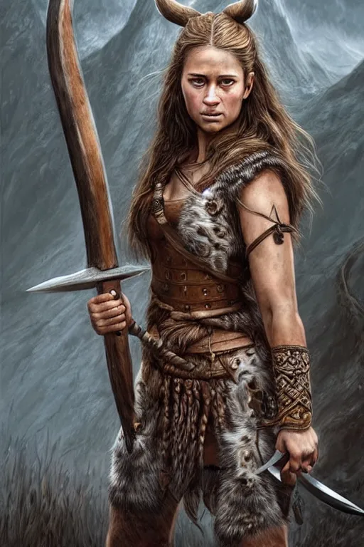 Image similar to gorgeous!! hyper - realistic woman resembling alicia vikander as a battle - worn viking warrior wielding a giant axe | standing next to a sabretooth tiger | intricate, highly detailed, digital painting, character design, character concept art | drawn by wlop, drawn by jeehyung lee, drawn by artgerm, drawn by peter kemp