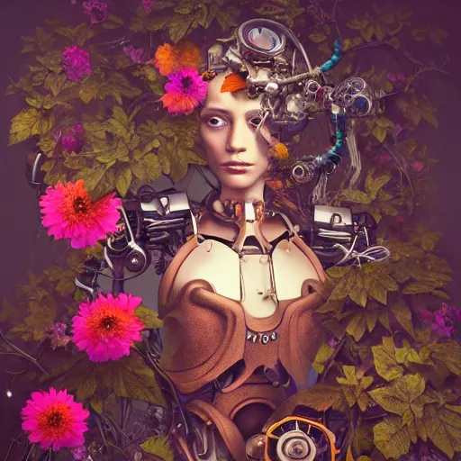 Prompt: a beautiful intricate fine art portrait photo of a farewell moment between lovers, a mechanical industrial steampunk cybernetic robot and a human overgrown with colorful flowers and leaves by tom bagshaw and zach sutton, golden ratio composition, studio lighting, 50mm lens, very detailed, bionic, cybernetic scifi, deep depth of field, artstation, 8K, highly coherent