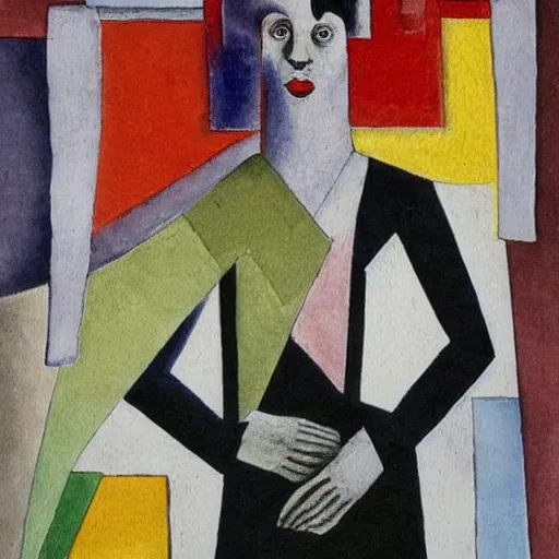 Prompt: The mixed media art is an abstract portrait of a woman. The woman's face is divided into two halves, one half is black and the other is white. The woman's eyes are large and staring. The mixed media art is full of energy and movement. watercolor & pen by Joseph Stella, by Kazimir Malevich unplanned, turbulent