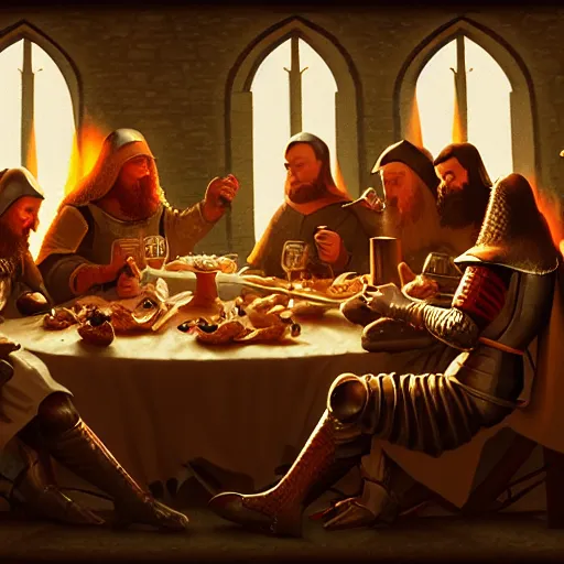 Image similar to medieval feast with drinking, artstation, fantasy