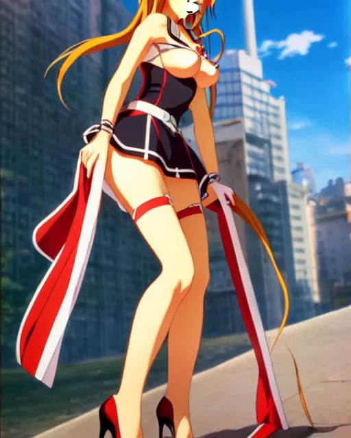 Image similar to pinup photo of asuna from sao in the center of the city, asuna by a - 1 pictures, by gil elvgren, glossy skin, pearlescent, anime, very coherent, maxim magazine