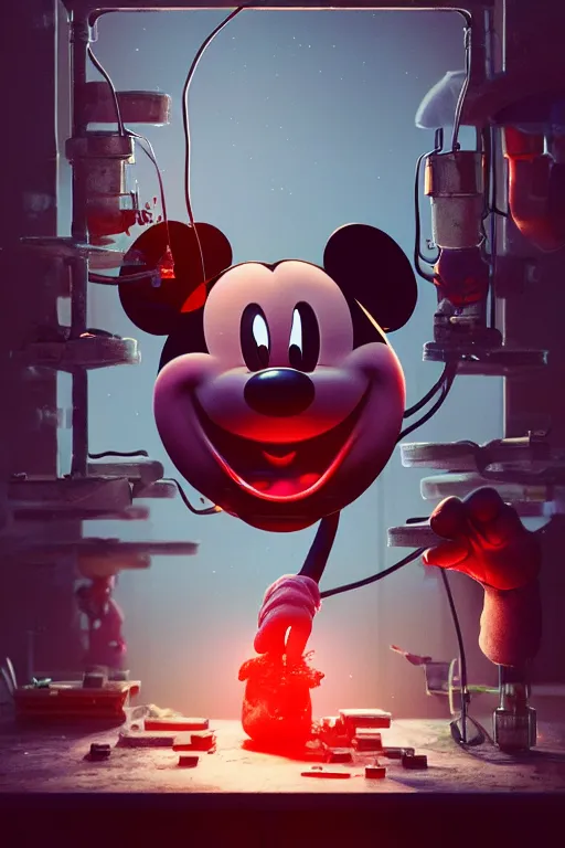 Prompt: bloody mickey mouse head lifted by claw, it is being fixed by few mechanics / workers in lab facility, made by beeple, cgsociety, artgerm, greg rutkowski, highly detailed intricate 4 k art, low light cinematic, octane render, unreal engine,