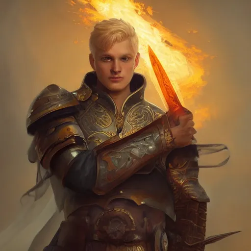 Image similar to portrait of an aasimar paladin blond young man with amber eyes wielding his flaming blade, strong, sofisticated, fantasy, highly detailed, digital painting, artstation, concept art, character art, art by greg rutkowski and tyler jacobson and alphonse mucha