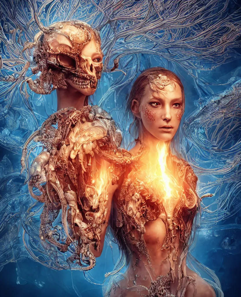 Image similar to close-up macro portrait of the face of a beautiful princess with animal skull mask, epic angle and pose, symmetrical artwork, 3d with depth of field, blurred background, cybernetic jellyfish female face skull phoenix bird, translucent, nautilus, energy flows of water and fire. a highly detailed epic cinematic concept art CG render. made in Maya, Blender and Photoshop, octane render, excellent composition, cinematic dystopian brutalist atmosphere, dynamic dramatic cinematic lighting, aesthetic, very inspirational, arthouse. y Greg Rutkowski, Ilya Kuvshinov, WLOP, Stanley Artgerm Lau, Ruan Jia and Fenghua Zhong