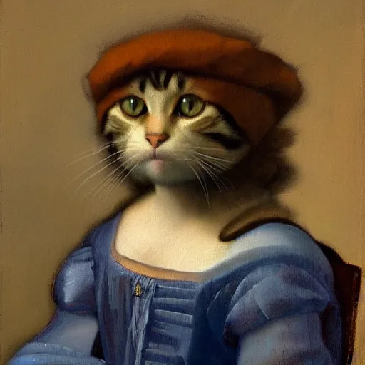 Prompt: a cat, dmitry spiros, leonardo da vinci, jacques - louis david, johannes vermeer, 8 k, wide angle, trending on artstation,