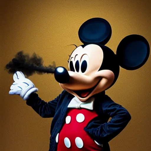 Image similar to mickey mouse exhaling a large hit from his bong, award winning surreal photography