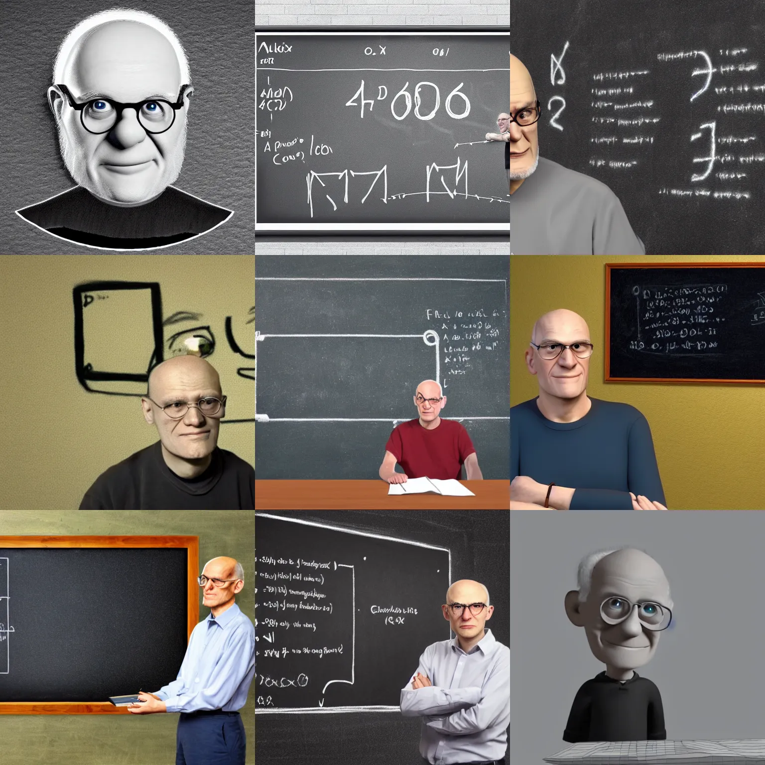 Prompt: alexander grothendieck next to a chalkboard, pixar movie, 3 d animated, 4 k