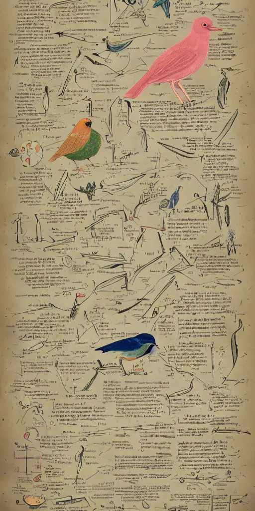 Image similar to anatomy of a bird, diagrams, map, marginalia, sketchbook, old script, inhabited initials, pastel infographic by Wes Anderson and victo ngai