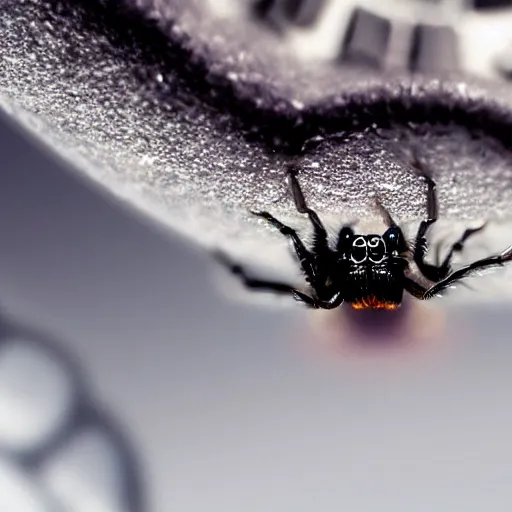 Image similar to a jumping spider pressing keyboard keys, by pixar, macro lens, iridescent, character concept art