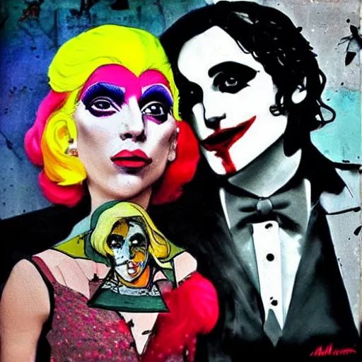 Prompt: mimmo rottela and banksy as joaquin phoenix skinny joker holding hand lady gaga harley queen, photorealistic, intricate details, pop art image.